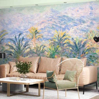 Large mural wallpaper with a colorful impressionist-style painting of palm trees and mountains. Dominant hues include lush greens, vibrant blues, soft pinks, warm oranges, and earthy browns. Intricate brush strokes create a textured look bringing depth and movement to the scene.