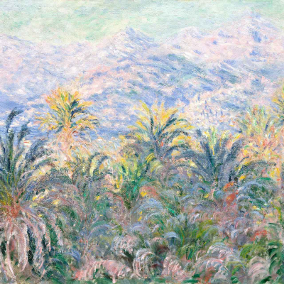 Wallpaper features lush green palm trees, hazy pastel-colored mountain range, light cool sky with soft brushstrokes. Vibrant and serene landscape painting, dreamy vibes.