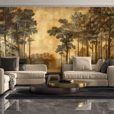 The wallpaper features a large mural of a forest with tall trees in muted golden tones. It invokes dream-like escapism, creating a serene and stylish atmosphere.