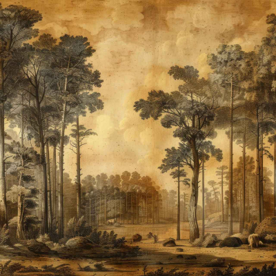 Sepia-toned landscape wallpaper: dense forest with tall, slender trees, rocks in the foreground, low-lying vegetation. Path leading deeper into forest. Two small figures visible in the distance. Elements: sepia colors, trees, rocks, vegetation, path, distant figures.