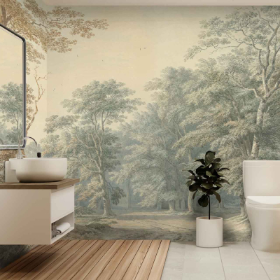A modern bathroom features a nature-inspired mural wallpaper with a forest scene. The wallpaper showcases lush green foliage, tall trees with varying shades of green and brown, and subtle streams of sunlight filtering through the leaves. Hints of earthy browns, rich greens, and dappled light create a serene ambiance. This forest-themed mural adds depth and an organic touch to the space.
