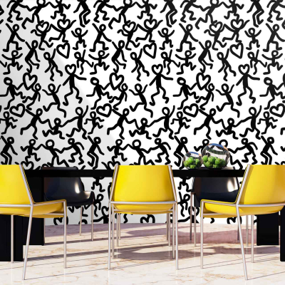 Black-and-white mural, numerous stick figures, various dynamic poses.