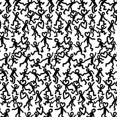 - Dense pattern of black stick figures
- Some holding hearts
- Simplistic, playful design
- Various joyful poses
- White background
- Lively yet slightly reserved energy