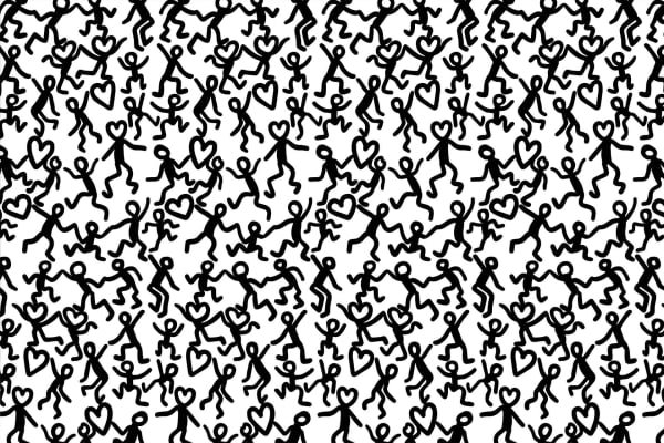 - Dense pattern of black stick figures
- Some holding hearts
- Simplistic, playful design
- Various joyful poses
- White background
- Lively yet slightly reserved energy
