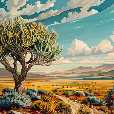 Vibrant desert wallpaper with large detailed cactus tree, surrounded by green, yellow, and red desert plants. Background includes rolling hills and vast sky filled with clouds. Nature's pristine beauty and environmental safety emphasized.