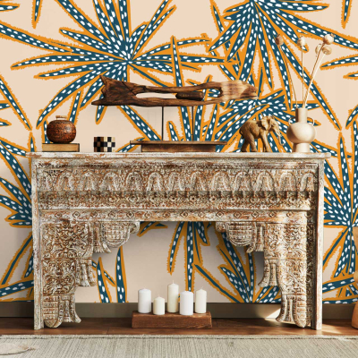 Vibrant patterned wallpaper featuring blue and yellow botanical designs. Elements include intricate floral motifs, leafy vines, and abstract botanical shapes in striking blues and yellows.