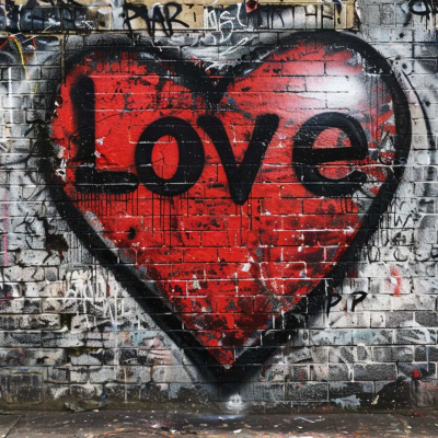 Brick wall, graffiti, large red heart, bold black letters