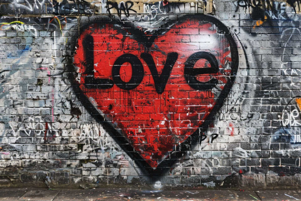 Brick wall, graffiti, large red heart, bold black letters "Love", tags, scribbles, various colors.