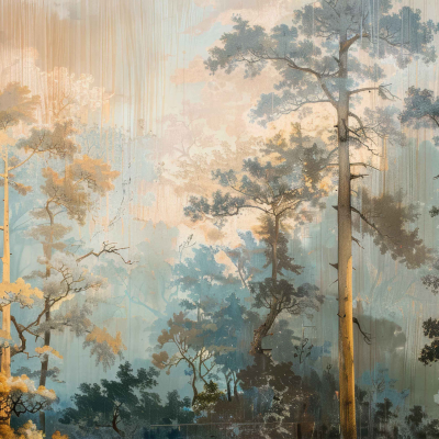 Surreal landscape wallpaper, tall slender trees with sparse branches and foliage. Autumn hues: warm oranges, reds, golds. Background: dreamy soft pastels, misty ethereal atmosphere. Ideal for mindfulness and meditation. Keywords: trees, autumn colors, pastel background, misty landscape.