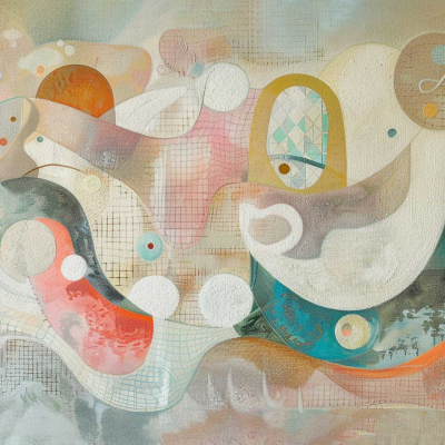 Abstract wallpaper features a blend of organic shapes and colors. Earthy tones of beige, orange, green, and white interweave with circular and fluid forms. The harmonious, dynamic composition has textured backgrounds and layered elements that appear split across the canvas.