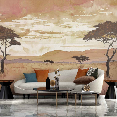 A stylish living room features a large mural with rich elements and colors such as African savannah scenes, acacia trees, and mountain landscapes. Key highlights include deep earth tones, greens from the trees, golden hues of the savannah grasslands, and soft blue mountains in the background.