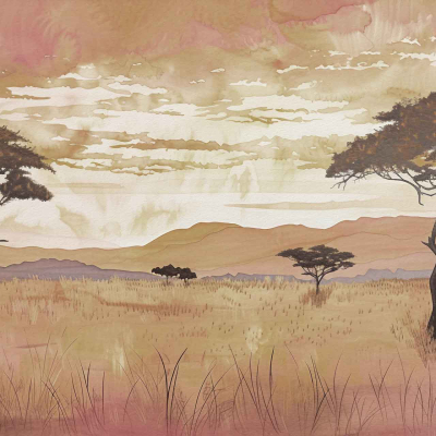 Wallpaper depicts an African savannah at sunset. Sparse trees scatter across grassy plains. Mountains stand in the distance. Sky gradients in shades of pink, orange, and yellow. Earthy tones dominate with occasional green patches and shadows highlighting the terrain's texture.
