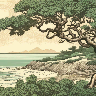 Wallpaper features:
- Intricately detailed tree in the foreground with sprawling branches
- Serene shoreline with gentle waves
- Distant mountains in the background under a cloudy sky
- Vintage woodcut style elements
- Earthy tones: deep greens, soft blues, muted browns, and creams