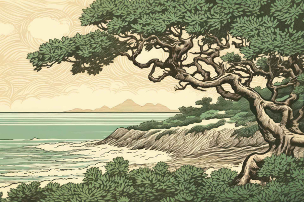 Wallpaper features:
- Intricately detailed tree in the foreground with sprawling branches
- Serene shoreline with gentle waves
- Distant mountains in the background under a cloudy sky
- Vintage woodcut style elements
- Earthy tones: deep greens, soft blues, muted browns, and creams