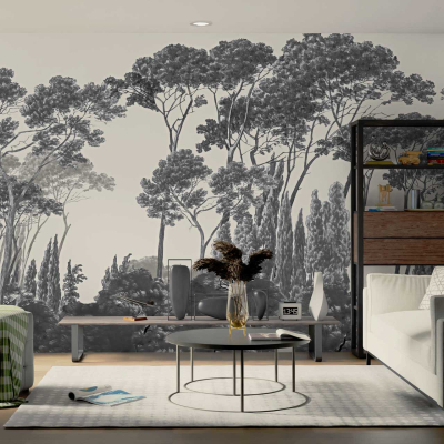 The wallpaper features a mural of tall trees. The elements include detailed tree trunks and branches, creating a natural and serene ambiance. The primary colors are shades of green for the foliage, with earthy browns for the tree trunks. This design brings an outdoor feel to the modern living room at Sixty Three.