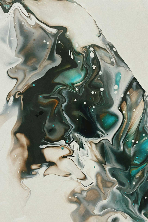 Abstract fluid art wallpaper featuring swirling patterns and marbled textures in shades of teal, black, white, and beige. The seamless blend of colors creates a dynamic effect reminiscent of spilt ink spreading across a surface, offering captivating depth and movement.