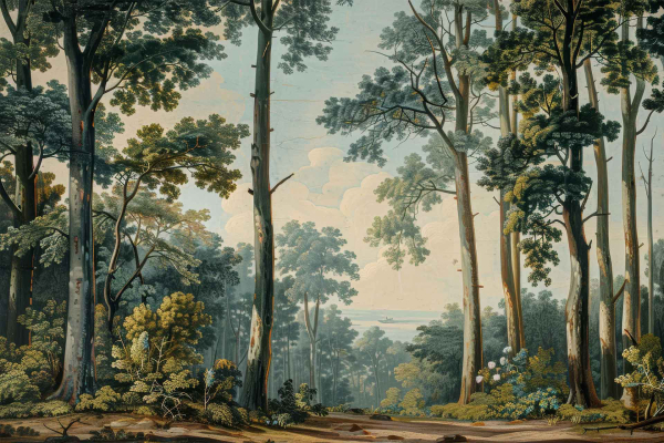 Wallpaper description: A picturesque forest scene featuring tall, slender trees and dense foliage in lush greens. The trees frame a serene view of distant water, possibly a lake or sea, beneath a partly cloudy sky with soft whites and light blues. The ground is adorned with various small plants and shrubs in shades of green and earthy browns. Perfect for evoking the tranquility of a Sunday stroll.