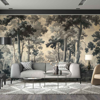The wallpaper is a large mural of a misty forest, featuring shades of green, grey, and subtle whites to create an ethereal and serene atmosphere.