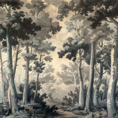 A serene forest landscape in muted, monochromatic tones features tall trees with leafy canopies stretching skyward in light and dark greys, creating a calm, misty atmosphere. The wallpaper showcases grey shrubs and underbrush at the forest floor. Keywords: serene forest landscape wallpaper, monochromatic tones, tall trees, leafy canopies, light grey, dark grey, misty atmosphere, peaceful underbrush.