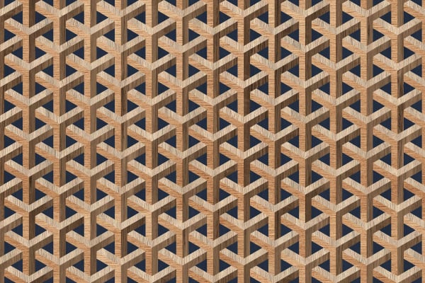 Geometric wallpaper with interlocking cubes, created by alternating light and dark wooden slats. Three-dimensional effect enhanced by shadows, resulting in a symmetrical design. Warm earthy colors dominate the palette, providing depth to the repetitive pattern.
