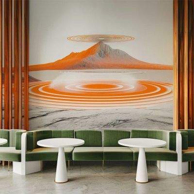 Features a backdrop resembling a romantic letter with an abstract mural of concentric, orange-and-gray landscape; includes mountain and rippling circles.