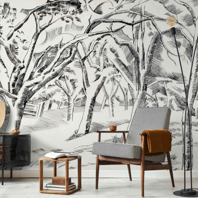 The monochrome wallpaper features a detailed tree mural that brings cool vibes to the living room. The design includes intricate black and white tree branches and leaves, creating a striking contrast. The grayscale patterns evoke a serene forest atmosphere, achieving contemporary elegance with its minimalist color palette of black, white, and various shades of gray. This sophisticated wallpaper acts as a focal point in the space while enhancing the overall modern aesthetic.