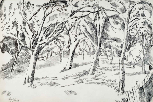 Wallpaper depicts a forest scene with intricate line work and shading. Features multiple trees, patches of grass on the cool-vibe forest floor, and a partially visible wooden fence on the right side. Monochrome color palette, detailed design elements.