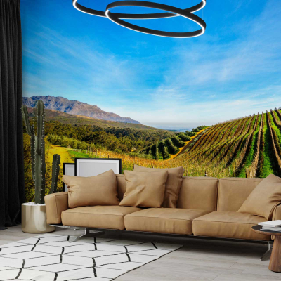 Vibrant Wineland vineyard, clear blue sky, large wall mural, bright green vines, luscious grape clusters, sunlit hills.