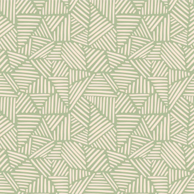Abstract pattern wallpaper featuring off-white line drawings of geometric shapes—triangles, rectangles, and trapezoids—arranged in a mosaic-like manner on a light green background. Uniformly spaced lines create a cohesive, repetitive design reminiscent of precision in metalworking. Elements: off-white geometric shapes, light green background.