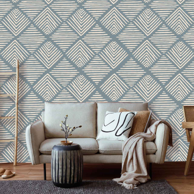 In the modern living room, the geometric patterned wallpaper serves as a striking focal point. The wallpaper features an intricate design comprised of interlocking shapes such as hexagons, triangles, and diamonds. The primary color palette includes muted tones like soft grays, gentle creams, and subtle beiges with occasional hints of metallic gold and silver to add a touch of elegance.

Bold yet subdued lines outline each shape, creating a sense of depth and movement across the wall. The pattern meticulously balances both larger and smaller shapes, which contribute to a visually dynamic yet harmoniously balanced backdrop.

The geometric elements on the wallpaper echo mid-century modern inspiration while maintaining a contemporary feel that perfectly complements the rest of the room's decor.