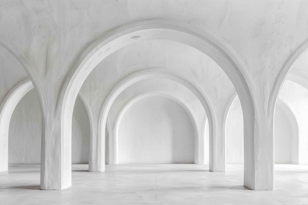 Wallpaper features a serene, empty space design with multiple white, smooth, arching doorways. The minimalist wallpaper, with a monochromatic color scheme predominantly in soft whites and gentle grays, enhances a tranquil open atmosphere. Softly diffused light highlights curving textures of the arches.
