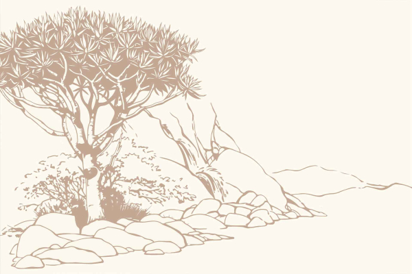 A minimalist, sepia-toned wallpaper with a tree featuring spiky leaves, surrounded by rocks and shrubs. The backdrop highlights a large, uneven rocky formation against a light beige background, evoking discovery in a tranquil landscape. Elements: spiky-leaved tree, rocks, shrubs, uneven rocky formation. Colors: sepia tones and light beige.