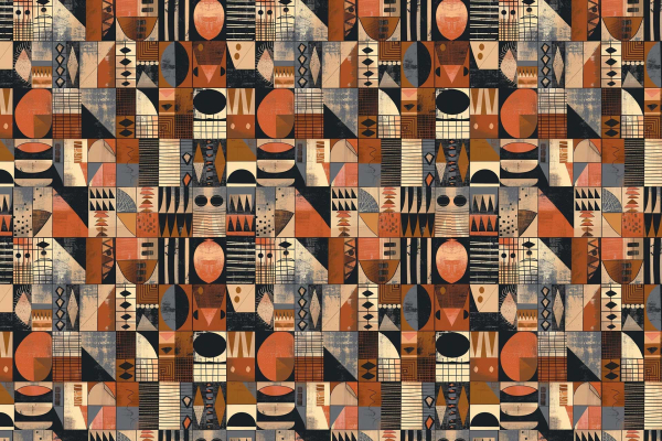The wallpaper showcases the vibrant, geometric pattern of the Vitamin Sea design, featuring an intricate mosaic of shapes: circles, triangles, rectangles, and ovals. With a striking palette that includes shades of orange, black, beige, and blue, each element of this wallpaper captures the essence of Vitamin Sea in a visually dynamic way.