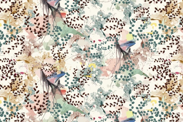 Seamless abstract watercolor foliage pattern in autumnal tones of green, brown, pink, and blue. Features branches, varied shapes, and color splashes. Inspired by Amalfi Coast's natural beauty for a harmonious, organic look. Ideal for wallpaper designs with a focus on nature and earthy aesthetics.