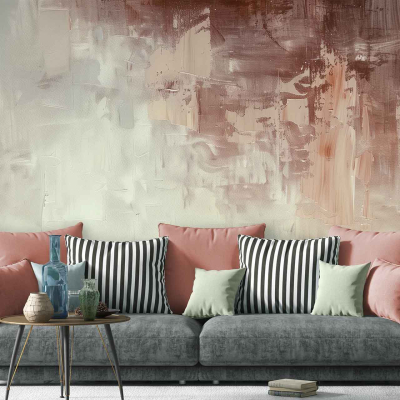 Abstract wallpaper, earthy-tones, textured brushstrokes, shades of brown, muted greens, soft beiges, hints of terracotta.