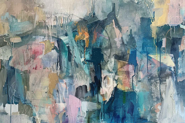 An abstract painting wallpaper featuring a rich blend of soft and vibrant colors represents a journey of discovery. The design includes shades of blue, pink, white, and green. Various shapes and textures intermix with dynamic brushstrokes and splatters to form a layered composition. Ideal for searches focusing on colorful, textured abstract art wallpaper.