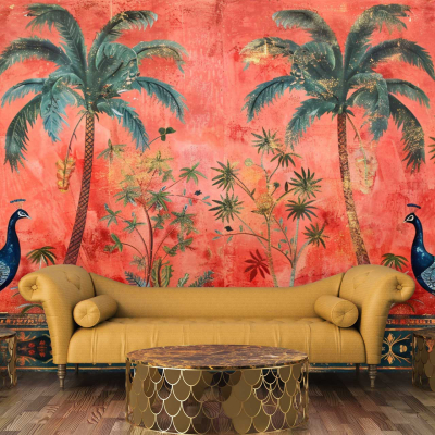 Red and orange tropical mural, palm trees, peacocks at dusk, exotic ambiance.