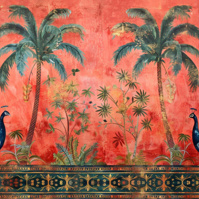 Vibrant mural wallpaper features two peacocks, lush tropical plants, and trees against a rich red dusk background. Includes palm trees, intricate foliage, and ornate golden details for a colorful and exotic scene.