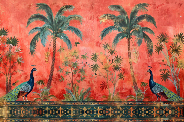 Vibrant mural wallpaper features two peacocks, lush tropical plants, and trees against a rich red dusk background. Includes palm trees, intricate foliage, and ornate golden details for a colorful and exotic scene.