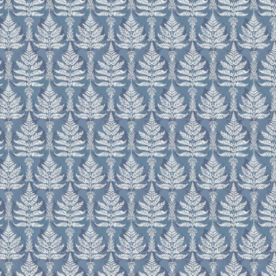Light blue background, white fern-like leaves, symmetrical design, intricate pattern, sophisticated look, repeating motif.