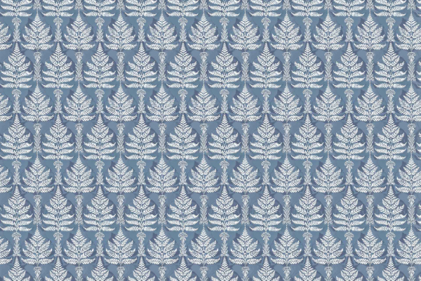 Light blue background, white fern-like leaves, symmetrical design, intricate pattern, sophisticated look, repeating motif.