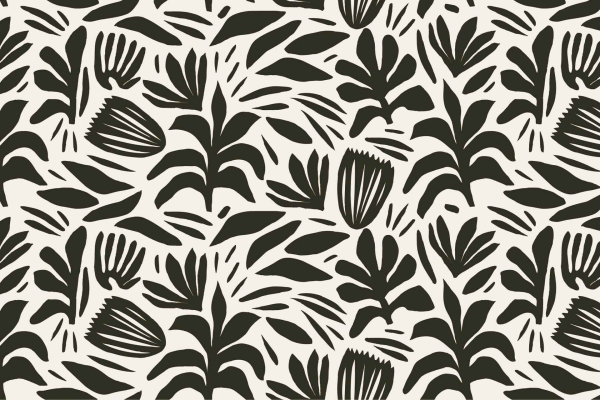 A seamless pattern with dark green botanical shapes, including stylized leaves and flower-like forms, on a light beige background. Featuring an abstract, Italy-inspired motif with repetitive elements for a cohesive decorative effect. Keywords: dark green botanical shapes, leaves, flower-like forms, light beige background, stylized abstract design, Italy-inspired motif.