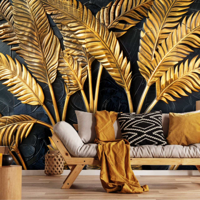 The wallpaper in this modern living room is a striking black, creating a bold backdrop that makes other elements pop. Large golden palm leaf motifs adorn the wallpaper, adding an elegant and tropical flair with their luxurious gold tones. The combination of deep black and shimmering gold brings a sophisticated yet vibrant feel to the space.