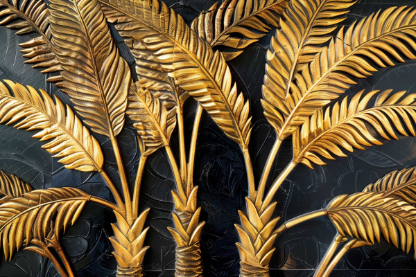 The "Vitamin Sea" wallpaper showcases meticulously crafted golden palm leaves arrayed against a deep, textured backdrop. The wallpaper's intricate detailing captures the essence of luxury with its rich golden hues that stand out vibrantly. The dark background amplifies the palm leaves' shimmering gold, creating a captivating contrast that is both bold and sophisticated. Each leaf is depicted with remarkable precision, adding depth and dimension to the overall design. This striking combination of lush gold and deep tones evokes a sense of opulence and tranquility, perfectly embodying the spirit of "Vitamin Sea.
