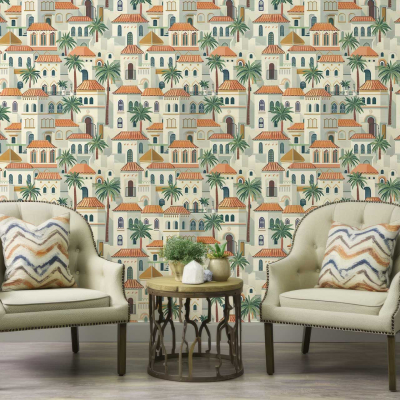 The wallpaper is a vibrant Mediterranean-style masterpiece that features intricate illustrations of buildings, palm trees, and arches. The colors in the wallpaper are a lively mix of sun-soaked yellows, rich terracottas, deep ocean blues, and lush greens. These elements come together to evoke a sense of tranquility and the spirit of Vitamin Sea. The buildings are tinged with warm hues that draw inspiration from traditional Mediterranean architecture, while the palm trees add an exotic touch with their verdant fronds waving gently against the backdrop. The arches lend an air of romance and mystery, tinted in soft pastels that complement the overall theme perfectly.