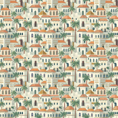 Mediterranean-style buildings, red-tiled roofs, arches, green palm trees, North African townscape feel. Repeating pattern, dense picturesque scene. Colors: terracotta reds, various beiges and whites for buildings; lush greens for palm trees.