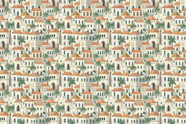 Mediterranean-style buildings, red-tiled roofs, arches, green palm trees, North African townscape feel. Repeating pattern, dense picturesque scene. Colors: terracotta reds, various beiges and whites for buildings; lush greens for palm trees.