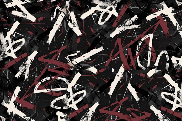 An abstract wallpaper featuring scattered streaks and splatters of red, beige, and white paint against a dark background. It showcases an energetic, chaotic mix of lines and shapes interweaving dynamically, reminiscent of unrefined notepad sketches.
