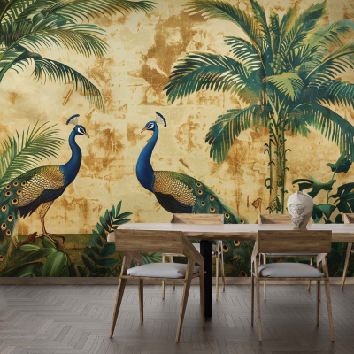 The wallpaper in the luxurious dining room showcases a mural of two peacocks playing amid lush tropical foliage. The background is gold-toned, enhancing the rich and opulent feel. The peacocks are depicted with iridescent feathers in shades of blue and green, while the surrounding foliage includes vibrant greens with hints of exotic flowers in subtle reds, yellows, and purples.