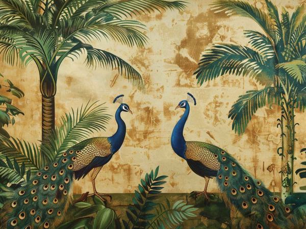 Peacocks At Play" wallpaper captures an artistic depiction of two playful peacocks amidst a realm of lush tropical foliage. The background features textured, earthy tones that provide a muted yet rich canvas, enhancing the vibrancy of the scene. These natural hues seamlessly complement the brilliant blues and greens found in the peacocks' mesmerizing plumage and the verdant surroundings.
The wallpaper's design is a blend of intricate details and bold colors, with each feather of the peacock depicted in striking shades of cobalt blue, emerald green, and touches of gold. The tropical plants contribute to this lively tableau with their own range of greens - from deep forest to light lime - interspersed with occasional bursts of floral accents.
Overall, "Peacocks At Play" showcases an elegant dance between understated background tones and radiant foreground colors, creating a harmonious yet eye-catching visual experience perfect for transforming any space into an exotic sanctuary.